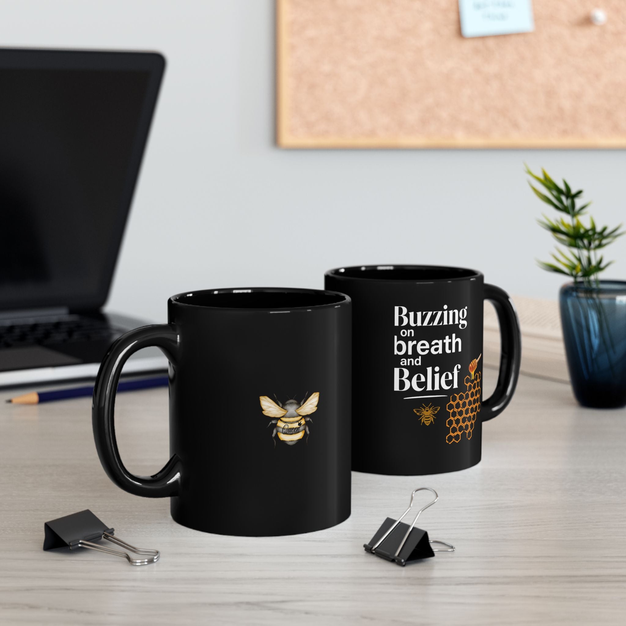 Buzzing on Breath & Belief Black Ceramic Black Mug — Funny Inspirational Bee Mug (11oz)